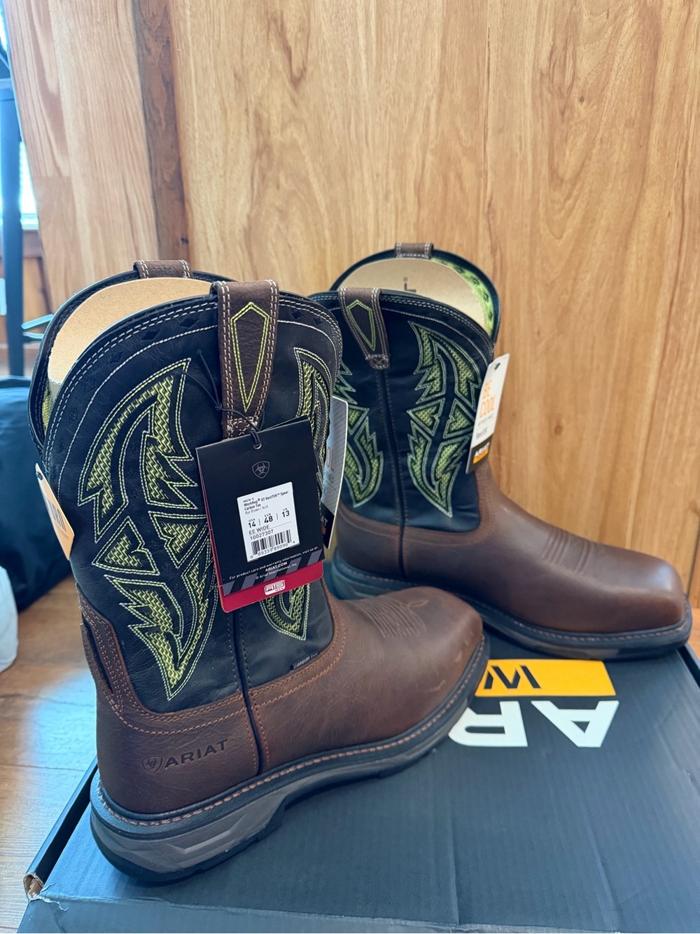 Ariat Workhog Brown and Black Work Boots with Lime Stitching - carbon toe